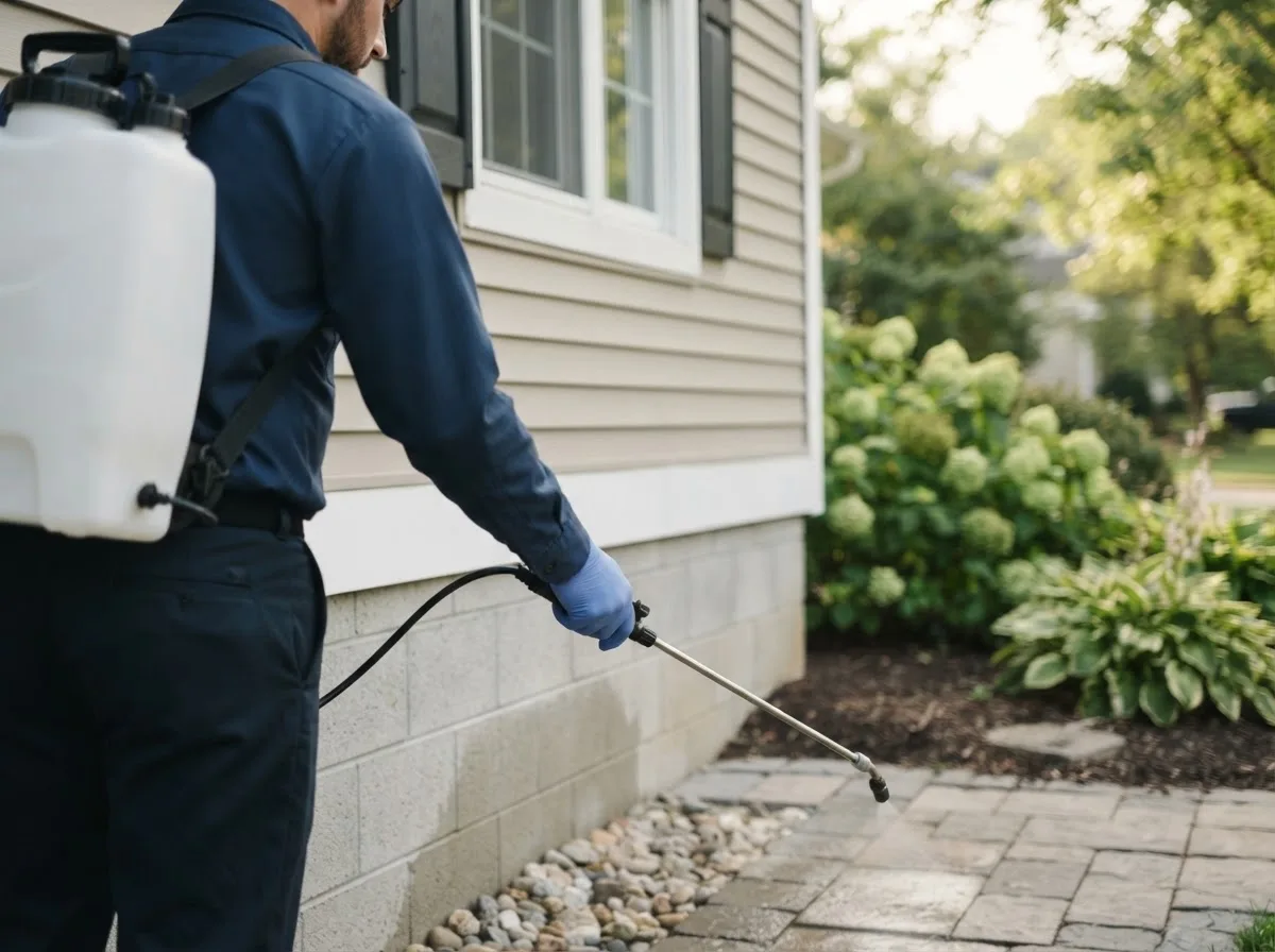 Pest control technician inspecting a home in Industry, IL